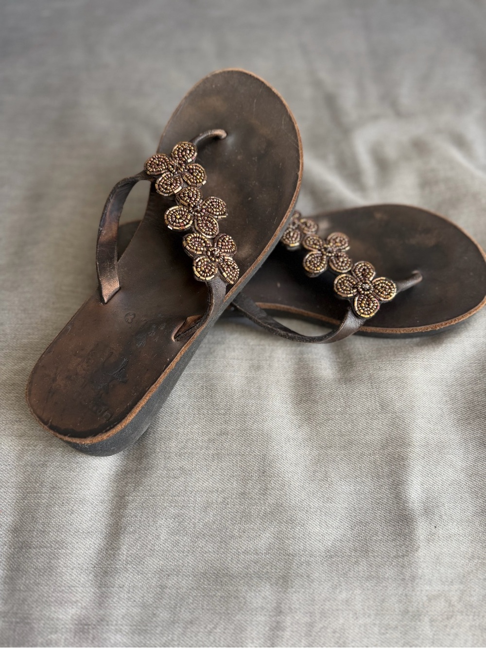 Handmade Brown Beaded Floral High Quality Leather Thong Sandals